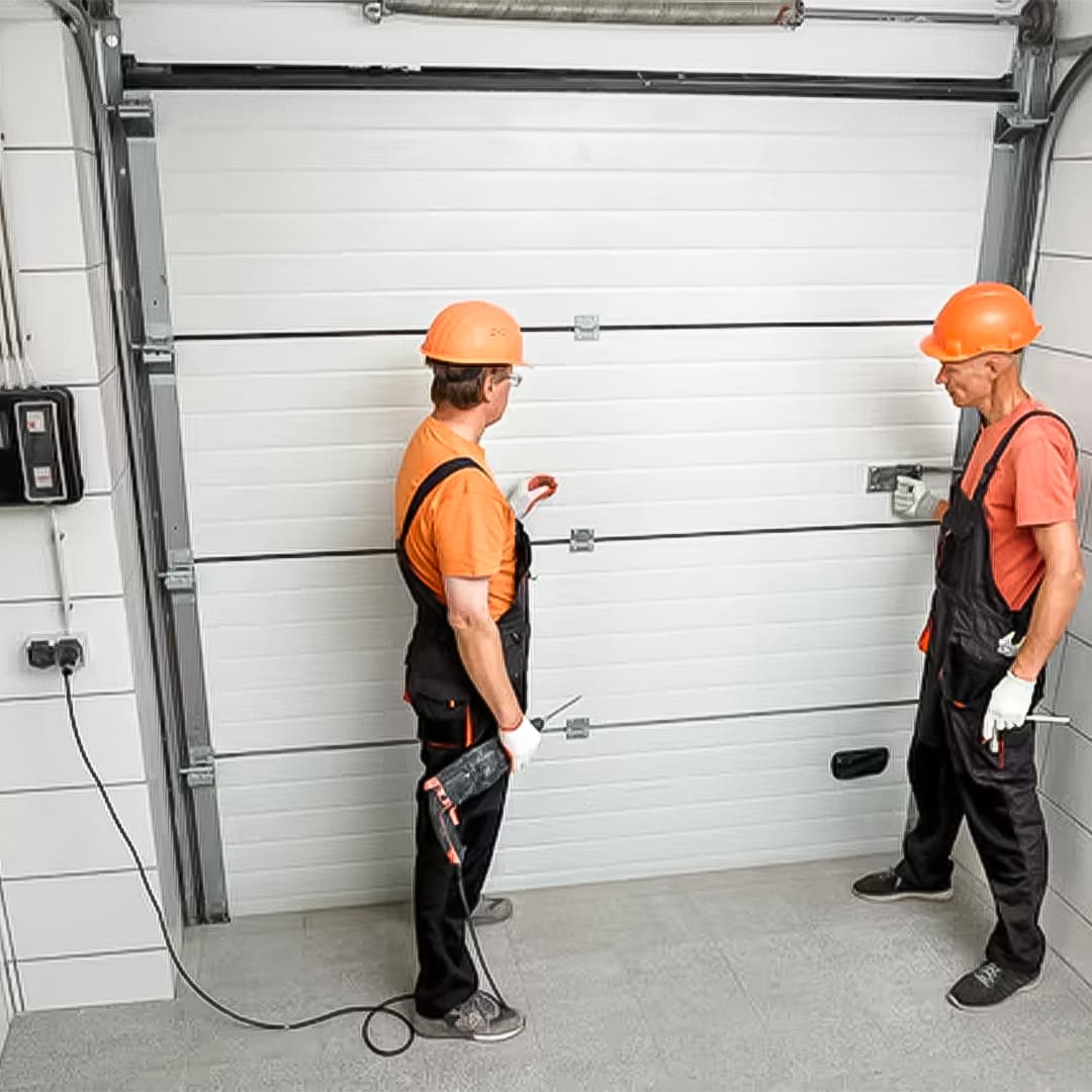 Technicians working on commercial door